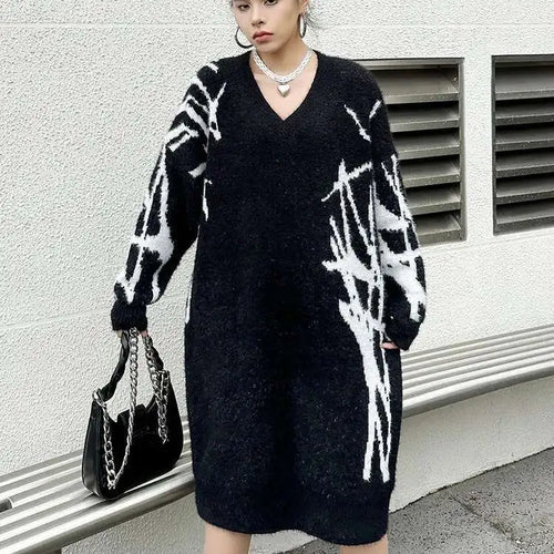Load image into Gallery viewer, Women Black Pattern Thick Warm Big Size Sweater Dress New V-Neck Long Sleeve Fashion Tide Spring Autumn 2025 1DH8735
