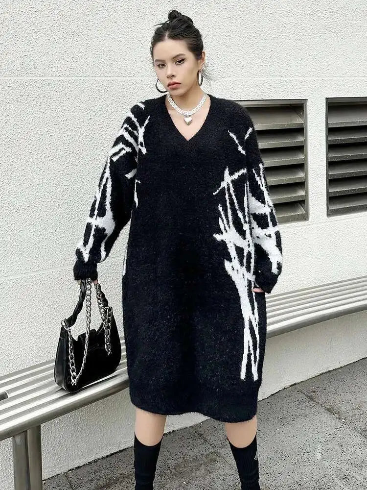 Women Black Pattern Thick Warm Big Size Sweater Dress New V-Neck Long Sleeve Fashion Tide Spring Autumn 2025 1DH8735
