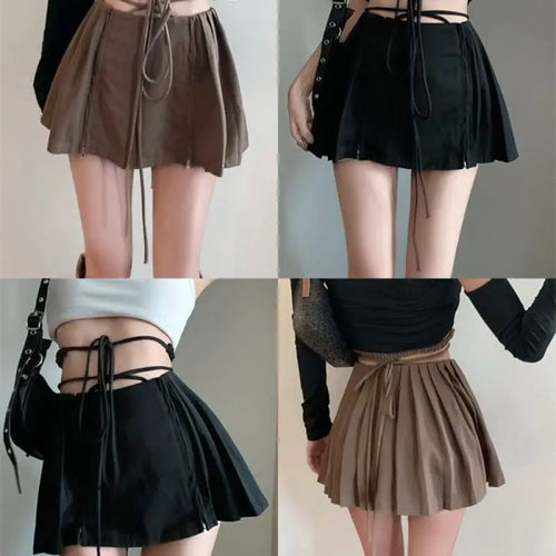 Load image into Gallery viewer, Summer High Waist Skirts Womens Sexy Mini Skirts Vintage Bandage Pleated Skirt Korean Tennis Skirts Short khaki Black

