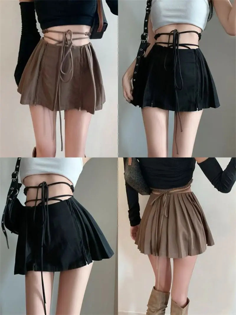 Summer High Waist Skirts Womens Sexy Mini Skirts Vintage Bandage Pleated Skirt Korean Tennis Skirts Short khaki Black