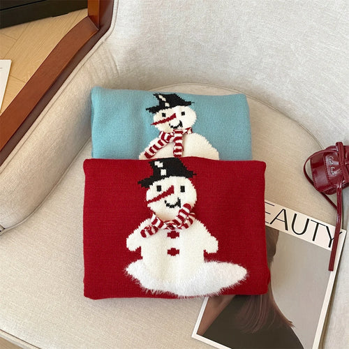Load image into Gallery viewer, French Autumn Winter Blue Snowman Elegant Pullover Short Sweater Women Vintage 2024 New Red Round Neck Long Sleeved Knitted Tops
