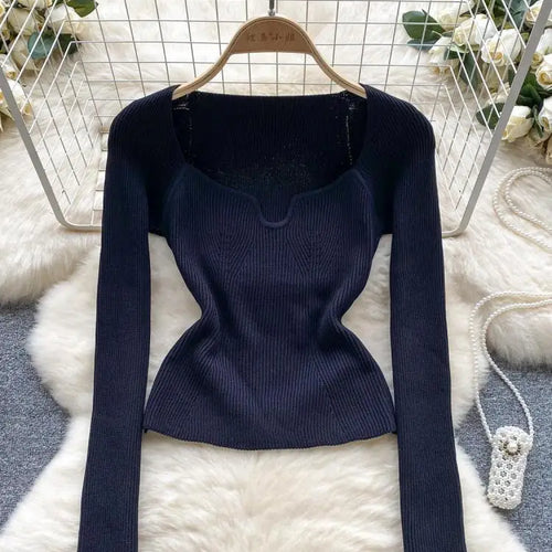 Load image into Gallery viewer, Fashion Solid Knitted Square Collar Long Sleeves Slim Fit Tops Women France Autumn Office Lady Elegant Pullover Sweater Popular
