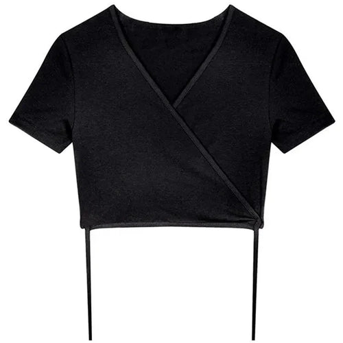 Load image into Gallery viewer, 2025 Summer Casual Tee Tops Women T shirts Solid V-neck Sexy Cropped Cross Tie-Up Harajuku Basic Korean Street T-shirts mujer
