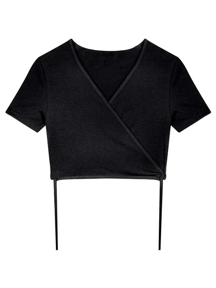2025 Summer Casual Tee Tops Women T shirts Solid V-neck Sexy Cropped Cross Tie-Up Harajuku Basic Korean Street T-shirts mujer