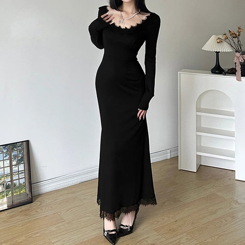 Load image into Gallery viewer, Korean Fashion Black Slim Knit Autumn Dress Female Basic Lace Spliced Solid Casual Long Dress Party Elegant Clothing
