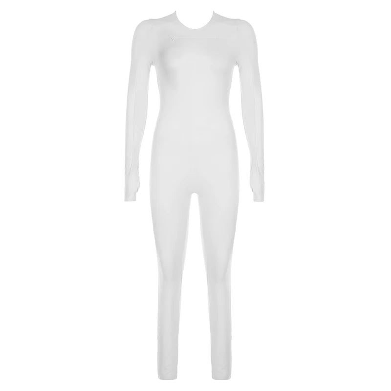 Streetwear White Skinny Sportswear Autumn Jumpsuit Female Zipper Cut Out Bodysuit One Piece Basic Casual Rompers Gym