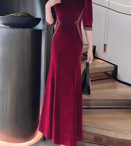 Solid Spliced Diamonds Slimming Dresses For Women O Neck Long Sleeve High Waist Temperament Dress Female Clothes