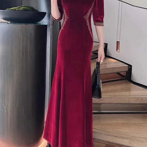 Load image into Gallery viewer, Solid Spliced Diamonds Slimming Dresses For Women O Neck Long Sleeve High Waist Temperament Dress Female Clothes
