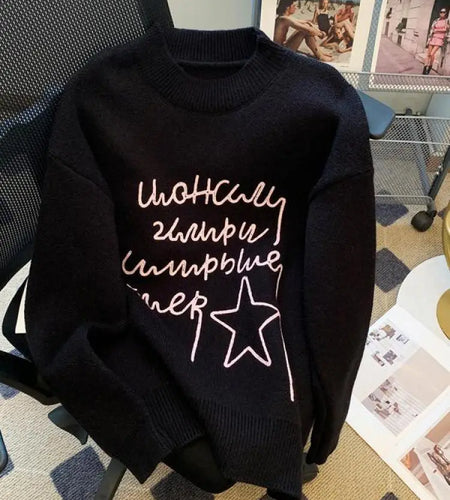 Women's Letters Star Shaped Long Sleeve Round Neck Sweater Autumn Winter Elegant Festival Versatile Knitted Thick Pullover Tops