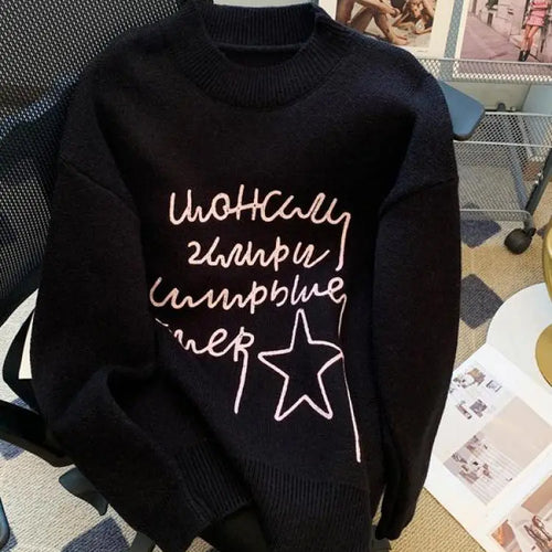 Load image into Gallery viewer, Women's Letters Star Shaped Long Sleeve Round Neck Sweater Autumn Winter Elegant Festival Versatile Knitted Thick Pullover Tops
