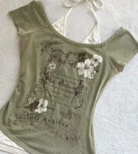 Summer Fake Two Pieces Halter Bandage Vintage T-shirts Y2k Aesthetic Slim Crop Tops Women Grunge Print Harajuku Casual Sexy Tee