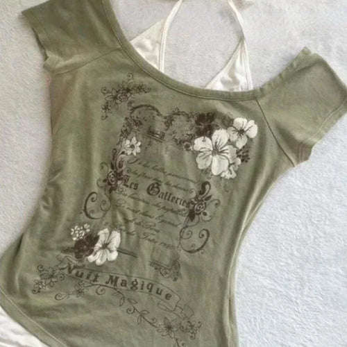 Load image into Gallery viewer, Summer Fake Two Pieces Halter Bandage Vintage T-shirts Y2k Aesthetic Slim Crop Tops Women Grunge Print Harajuku Casual Sexy Tee
