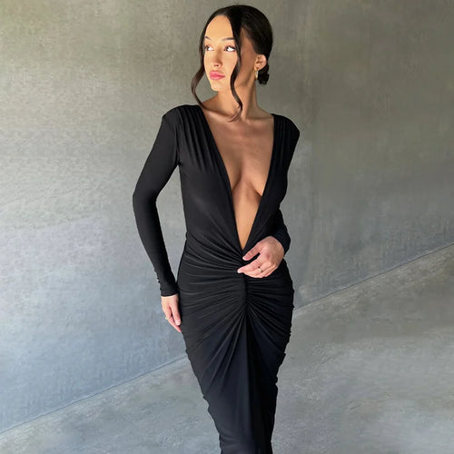 Load image into Gallery viewer, Deep V Neck Ruched Maxi Dress Women Gown Autumn New Long Sleeve Backless Bodycon Sexy Party Evening Dress Vestidos
