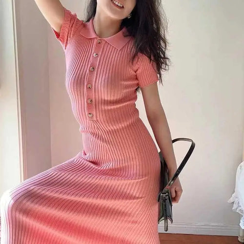 Load image into Gallery viewer, French Fashion Women's Solid Short Sleeved Office Lady Knitted Long Dress Summer Single Breasted Slim Wrap Hip Fishtail Dresses
