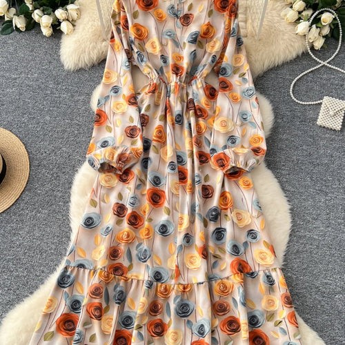 Load image into Gallery viewer, Vintage Women Yellow Flower Elegant Round Neck High Waist Party Dresses French Long Sleeve Slim Vacation Dress 2025 Autumn Boho

