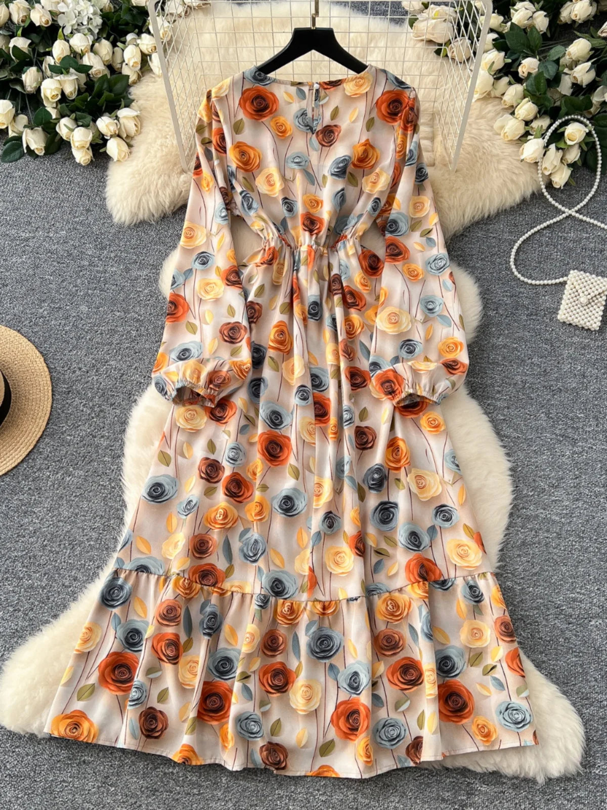 Vintage Women Yellow Flower Elegant Round Neck High Waist Party Dresses French Long Sleeve Slim Vacation Dress 2025 Autumn Boho