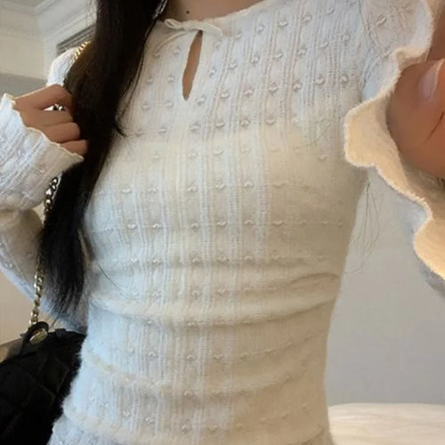 Load image into Gallery viewer, Y2k Aesthetic Hollow Out Bow T-shirts Fairy Grunge Embroidery Knitted Slim Fit Streetwear Crop Tops Women Harajuku Ruffled Tee
