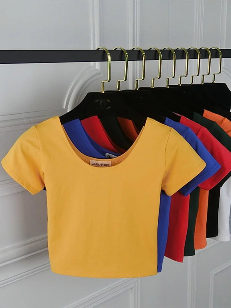 Solid Crop Top for Women Slim Fit High Waist Short Sleeve T-shirt Basic Summer Casual Tee