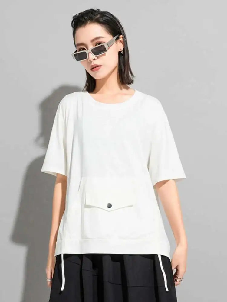 Women Red Color-block Pocket Big Size Casual  T-shirt New Round Neck Short Sleeve Fashion Tide Spring Summer 2025 1DH5953