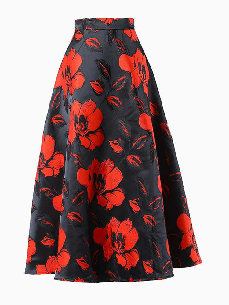 High Waist Black Flower Jacquard Temperament Long Half-body Skirt Women Fashion Tide New Spring Autumn 2025 1DD3182