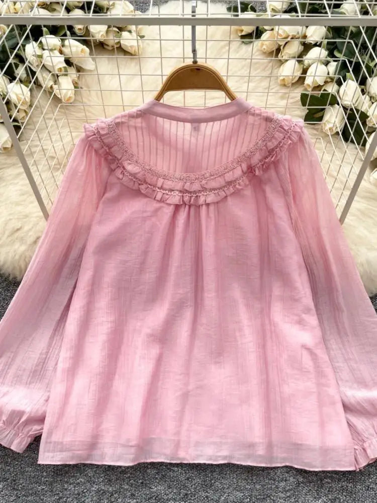 Vintage Sweet Solid Elegant Ruffle Edge Lace Tops Women Autumn New Round Neck Versatile Long Sleeved Single Breasted Shirt Trend