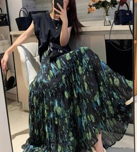 French Vintage Fashion Summer Flower Festival Pleated Long Skirts Women High Waist Vacation Boho Skirt Clothes Harajuku Popular