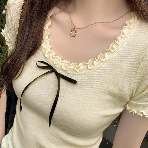 Load image into Gallery viewer, Y2k Aesthetic Summer Apricot Sweet Bow Tees 2025 Vintage Knitted Ruffled Fairy Tshirts Women Harajuku Grunge Slim Fit Thin Tops
