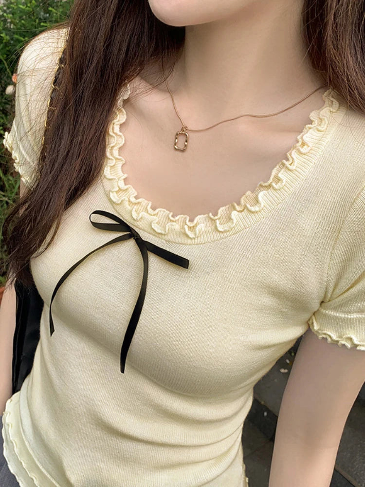 Y2k Aesthetic Summer Apricot Sweet Bow Tees 2025 Vintage Knitted Ruffled Fairy Tshirts Women Harajuku Grunge Slim Fit Thin Tops