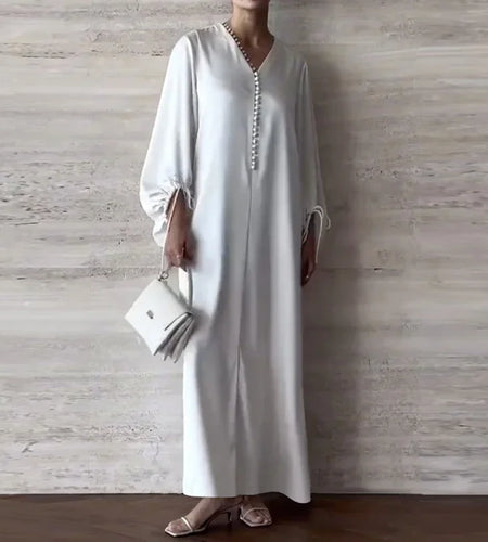 Woman Elegant Split-joint Dresses 2025 Summer Drawstring Puff Sleeves V-neck Dubai Abaya Muslim Maxi Dresses for Women