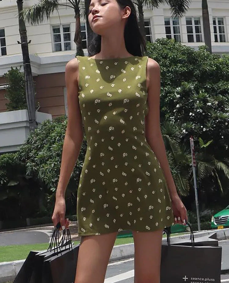 Women Elegant Floral Print Sleeveless Backless Sexy Slim Mini Dress 2024 Spring Women Outfits Birthday Party Festival