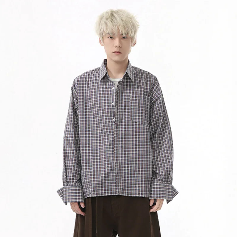 Plaid Men's Long Sleeve Shirts New Korean Design Lapel Casual Pocket Decoration Male Clothing Summer Fashion Tide 9W1591