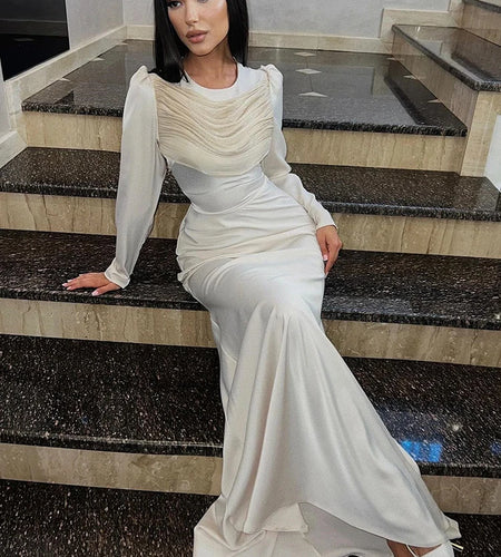 O Neck Long Sleeve Sexy Maxi Dress For Women Fashion Elegant Solid Ruched High Waist Bodycon Long Dress Clubwear