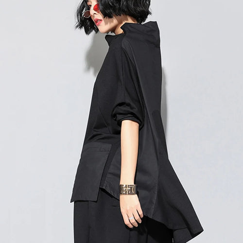 Load image into Gallery viewer, Women Black Loose Pocket Irregular Hem Big Size T-shirt New Turtleneck Long Sleeve Fashion Tide Spring Autumn 2025 JQ01801
