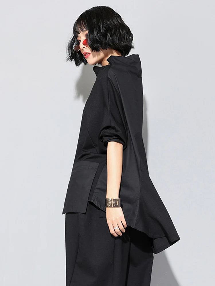 Women Black Loose Pocket Irregular Hem Big Size T-shirt New Turtleneck Long Sleeve Fashion Tide Spring Autumn 2025 JQ01801
