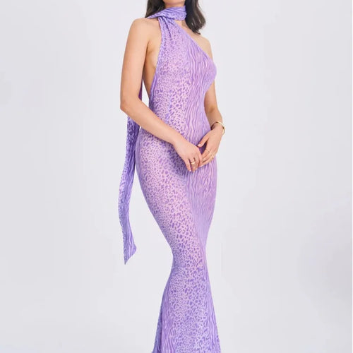 Load image into Gallery viewer, Elegant Sleeveless Hanging Neck Mesh Long Dress Women's Sexy Backless Bodycon Leopard Pattern Dress Party Club Vestidos
