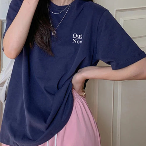 Load image into Gallery viewer, Letter Printed Women&#39;s T-shirts Summer Korean Loose Top Women Casual Cool Harajuku BF Female T shirt Orange Navy Blue
