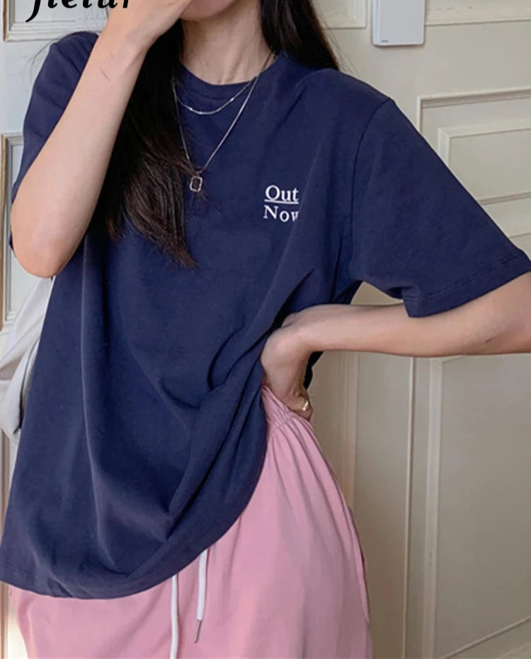 Letter Printed Women's T-shirts Summer Korean Loose Top Women Casual Cool Harajuku BF Female T shirt Orange Navy Blue