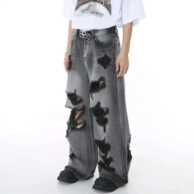 High Street Male Jeans Hole Worn-out Bagger Men's Wide Leg Denim Pants Hip Hop Summer New Fashion Men Clothing 9W194
