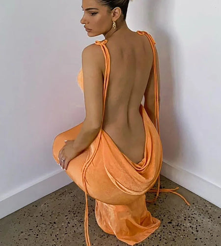 Sexy Backless Lace Up Women Dress Orange Spaghetti Strap Square Collar Dresses Female Summer Slim Fashion Party Clubwear