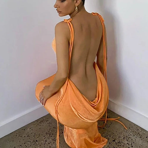 Load image into Gallery viewer, Sexy Backless Lace Up Women Dress Orange Spaghetti Strap Square Collar Dresses Female Summer Slim Fashion Party Clubwear
