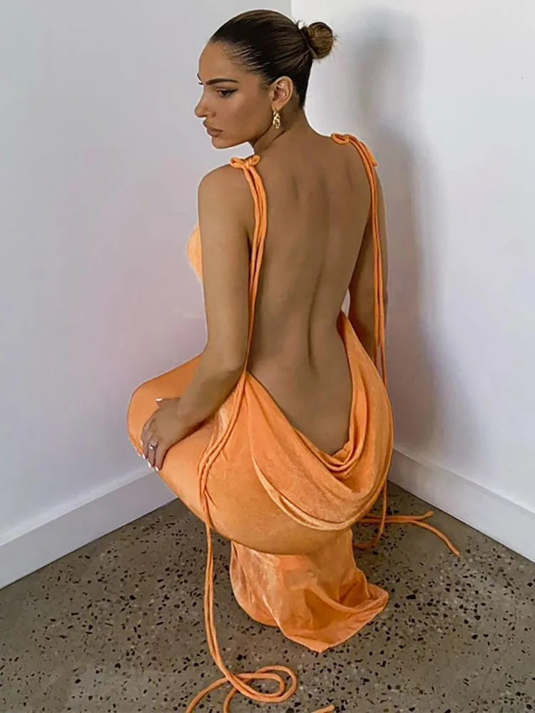 Sexy Backless Lace Up Women Dress Orange Spaghetti Strap Square Collar Dresses Female Summer Slim Fashion Party Clubwear