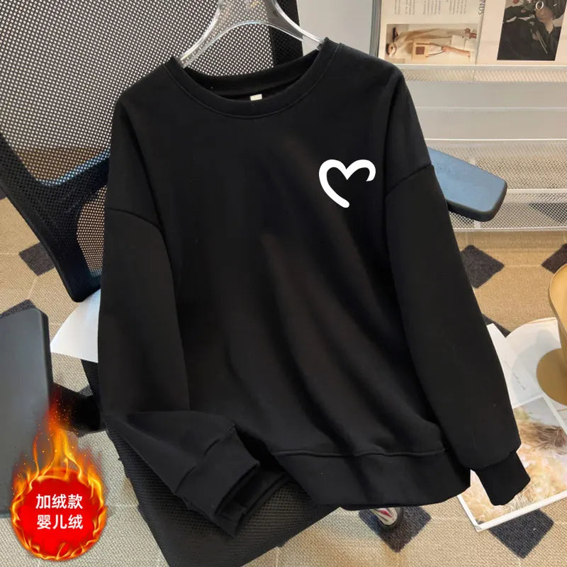 Women Fashion Solid O Neck Plush Heart Velvet Sweatshirt Autumn Winter Long Sleeve Comfort Casual Pullover Top Loose Popular New