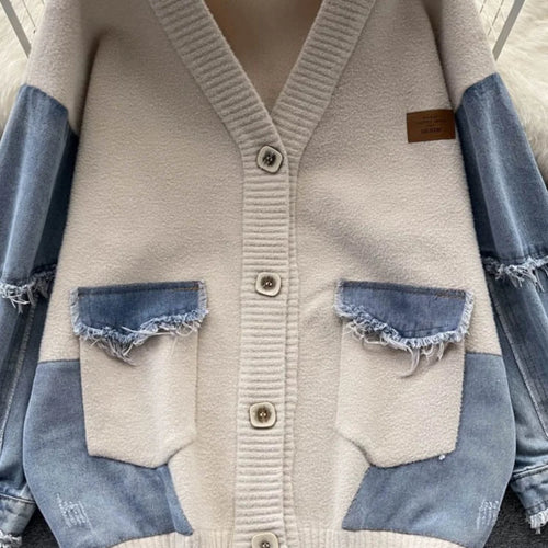 Load image into Gallery viewer, Korean Vintage Beige Patchwork Denim Single Breasted Knit Cardigan Sweater Autumn Winter Women New V Neck Long Sleeve Tops Trend

