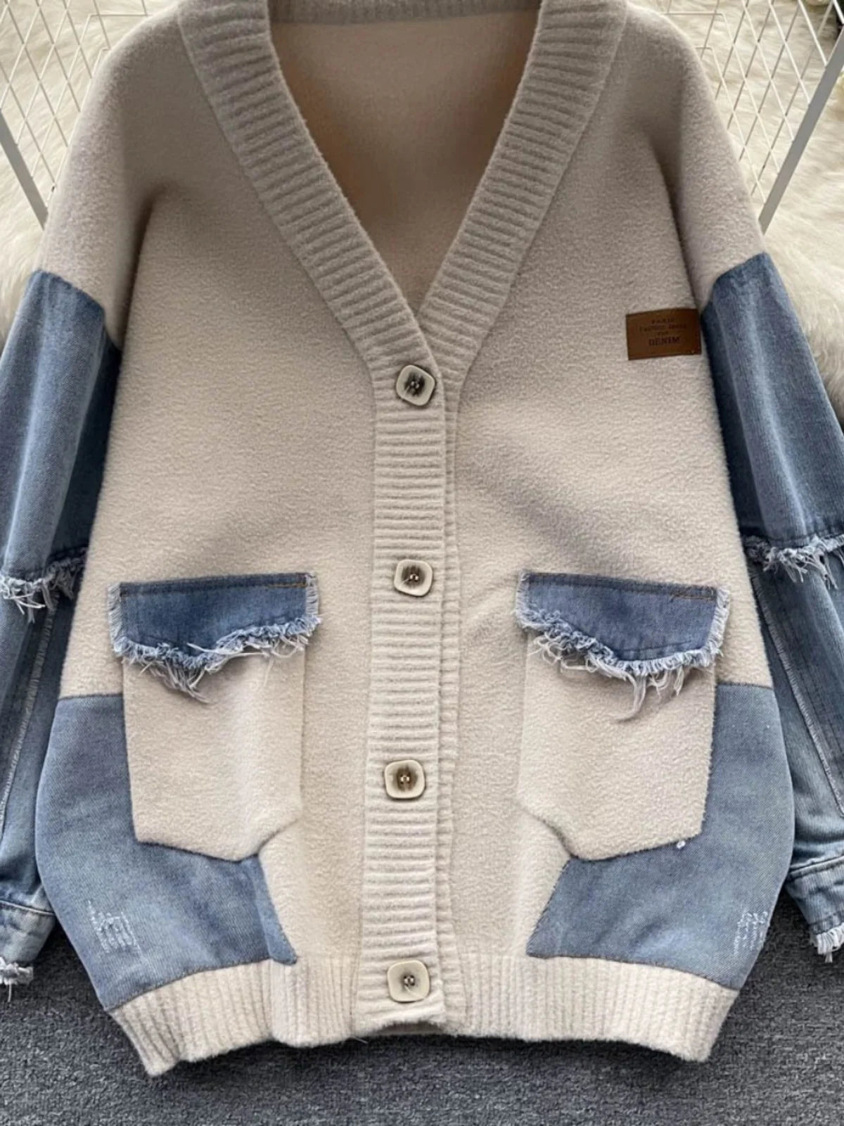 Korean Vintage Beige Patchwork Denim Single Breasted Knit Cardigan Sweater Autumn Winter Women New V Neck Long Sleeve Tops Trend
