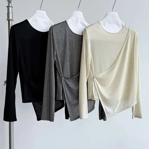 Load image into Gallery viewer, Women Gray Cross Irregular Hem Casual Slim T-shirt New Round Neck Long Sleeve Fashion Tide Spring Autumn 2025 1DJ0739

