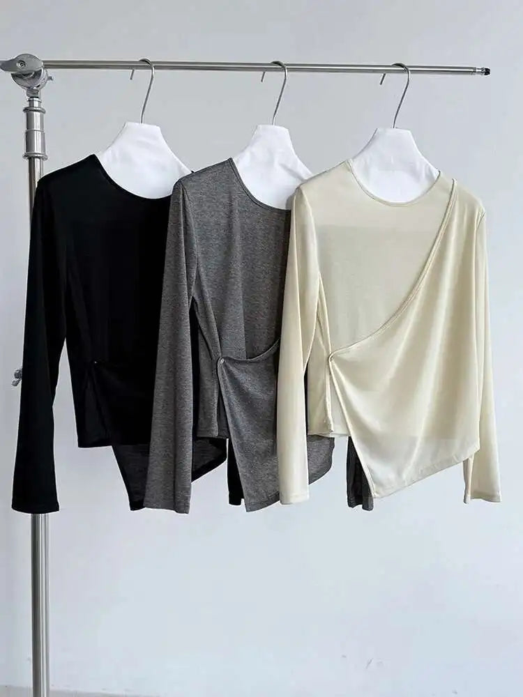 Women Gray Cross Irregular Hem Casual Slim T-shirt New Round Neck Long Sleeve Fashion Tide Spring Autumn 2025 1DJ0739