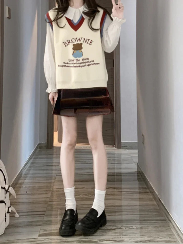 Cartoon Embroidery Sweater Vest Women Kawaii Waistcoat Streetwear Knitted Fashion College All-match Harajuku Y2k Vests Chandails