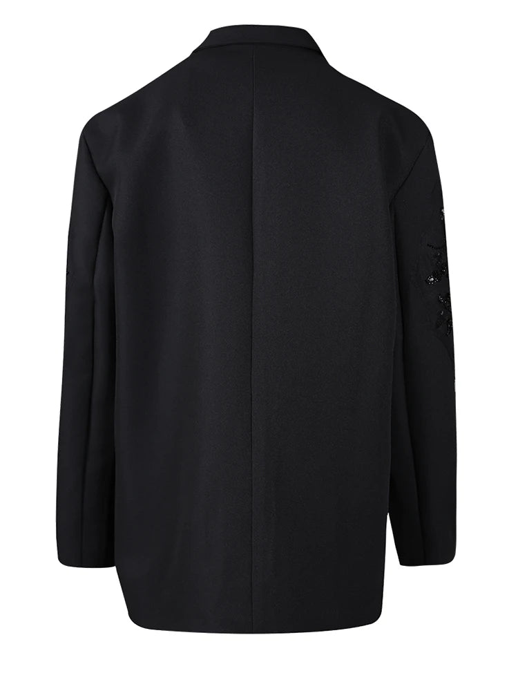 Women Black Sequins Flower Vintage Big Size Blazer New Lapel Long Sleeve Jacket Fashion Tide Spring Autumn 2025 CPG2787