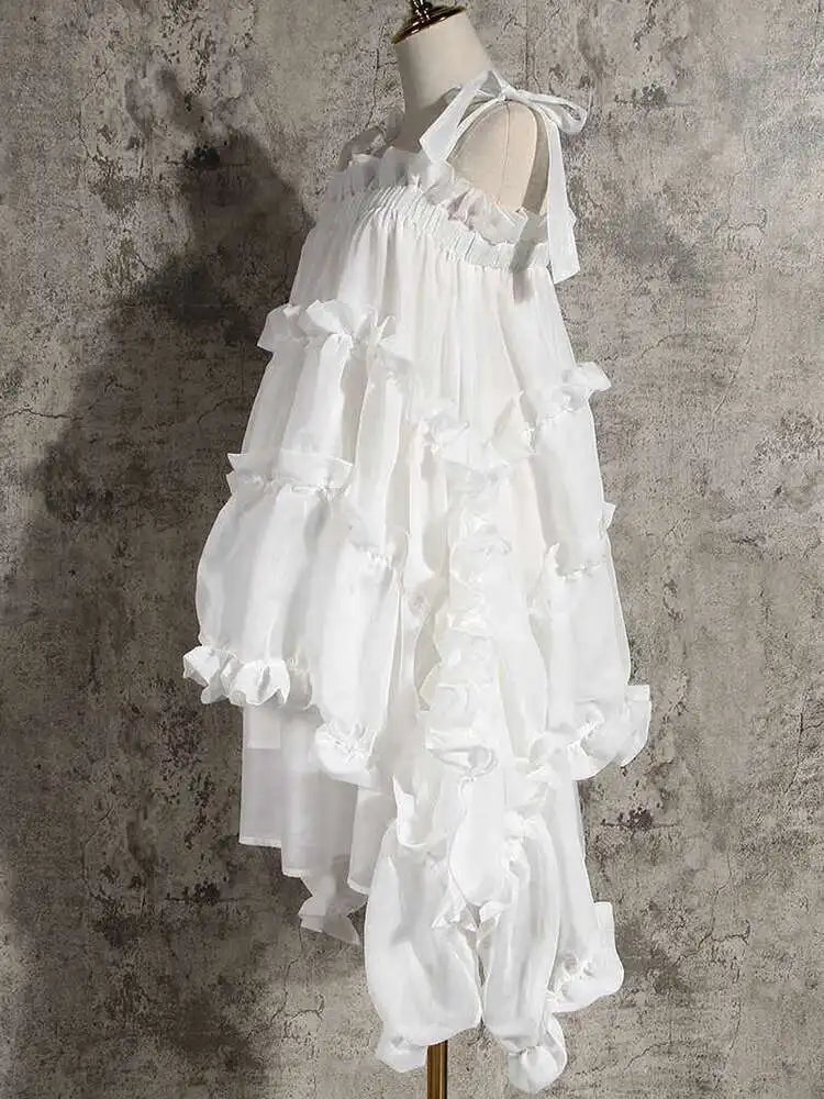 Women  Irregular Ruffles Spaghetti Strap Dress New Round Neck Long Sleeve Loose Fit Fashion Tide Spring Autumn 2025 1W571