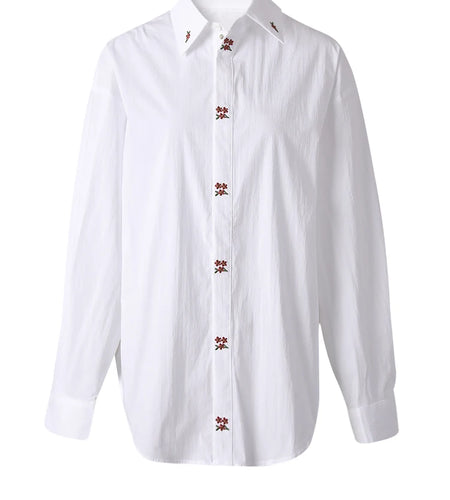Women White Embroidery Big Size Elegant Blouse New Lapel Long Sleeve Shirt Fashion Tide Spring Autumn 2025 CPG3311